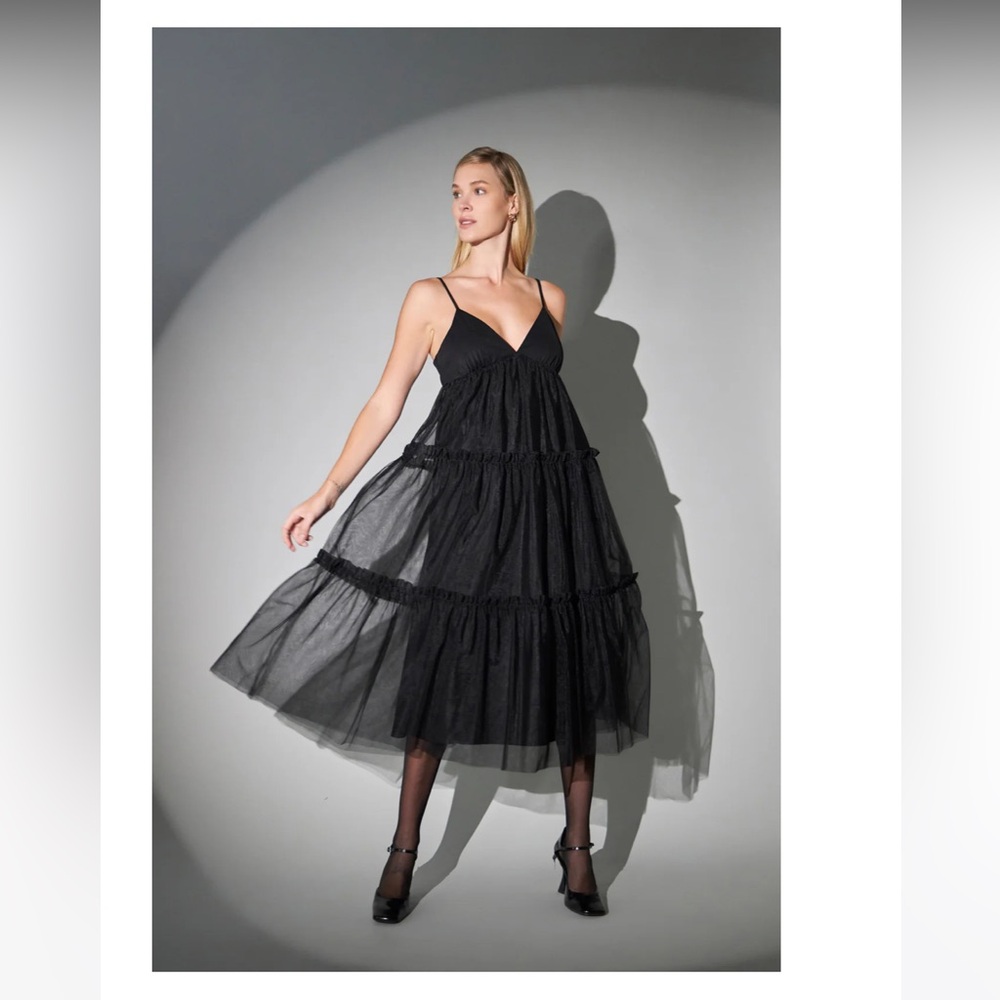 English Factory Black Tulle Contrast Midi Dress Medium